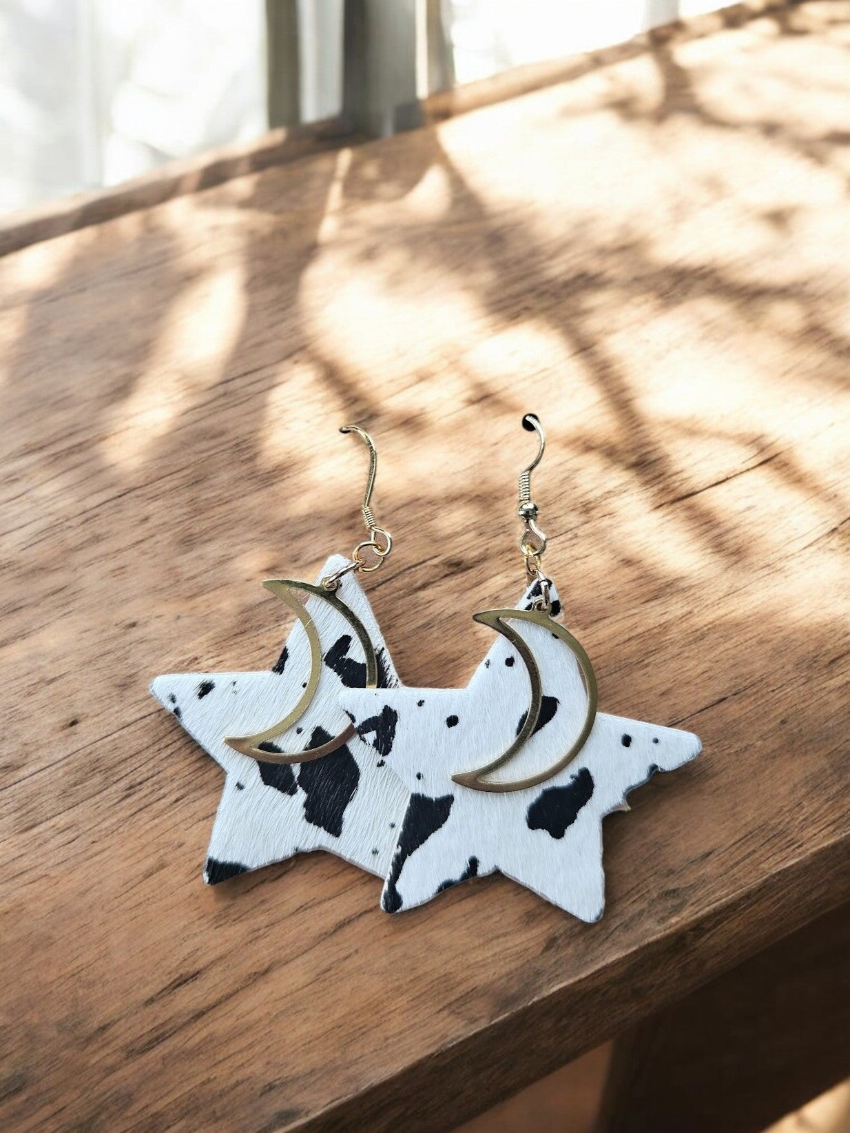 Cow Hide Stars & Moons Dangle Earrings