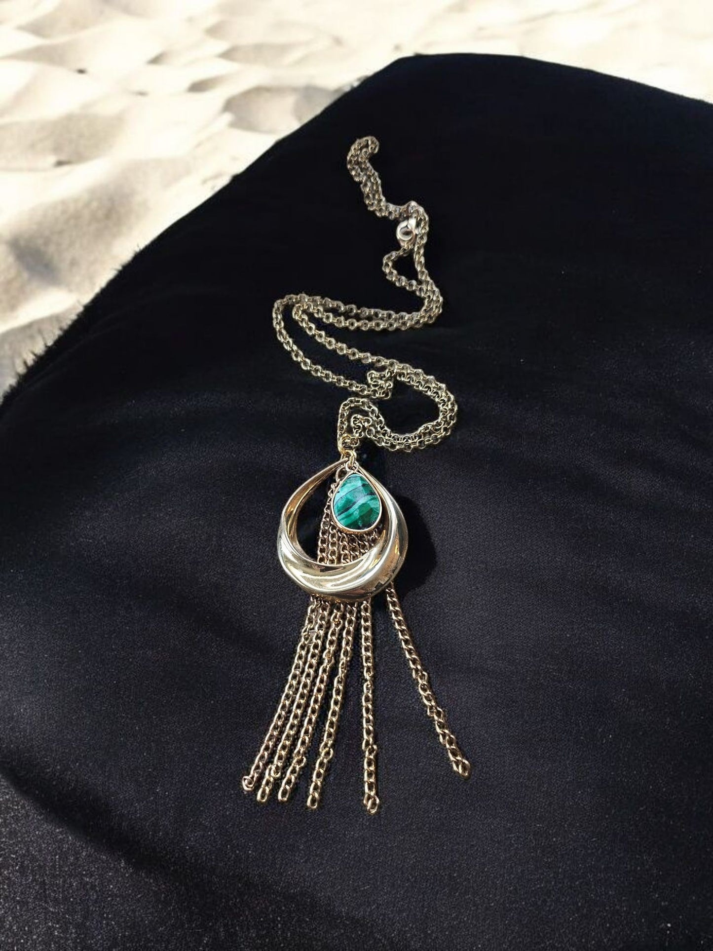 Upcycled Brass Tassel and Emerald Stone Long Necklace