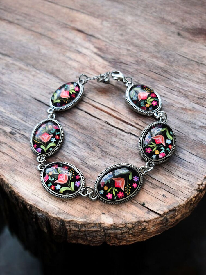 Black Floral and Glass Bracelet