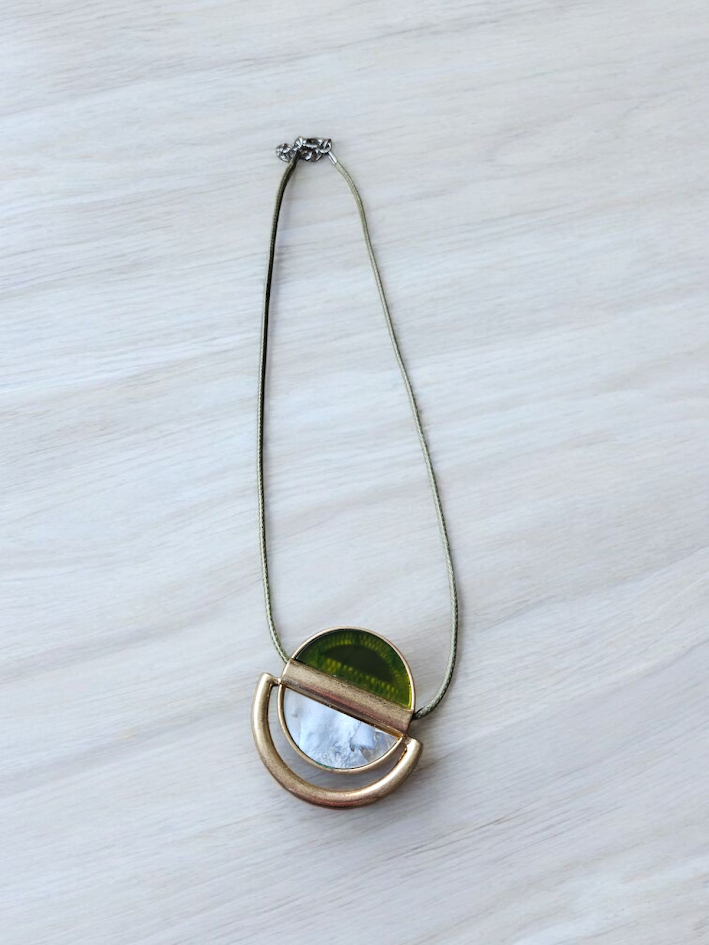 Green Gold and Mother of Pearl on Olive Leather Necklace