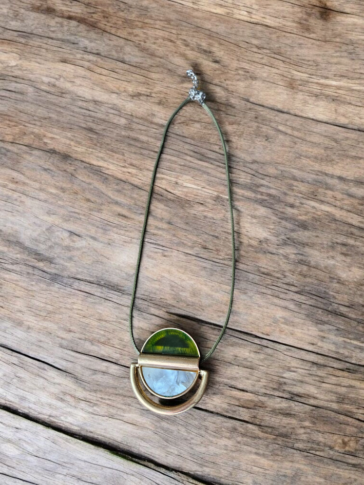 Green Gold and Mother of Pearl on Olive Leather Necklace