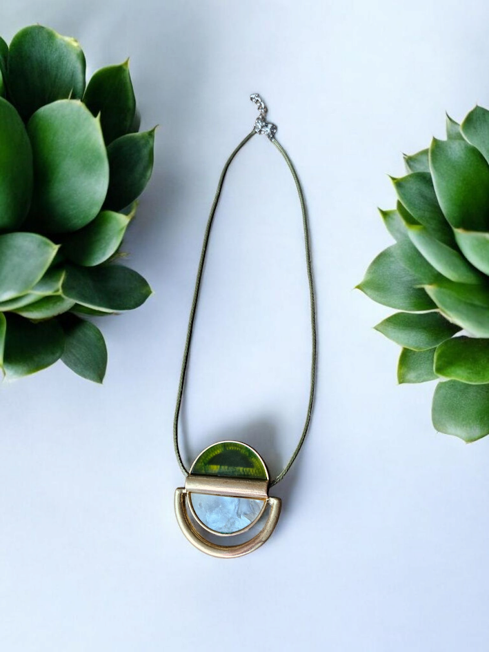 Green Gold and Mother of Pearl on Olive Leather Necklace