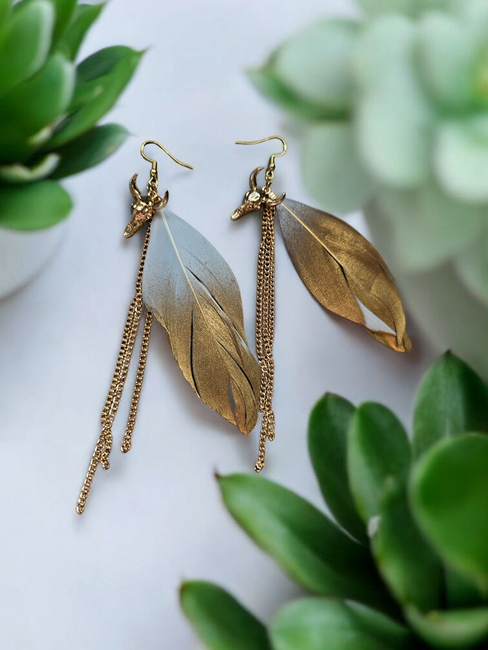 Golden Bull Skull Feather and Chain Long Dangle Earrings