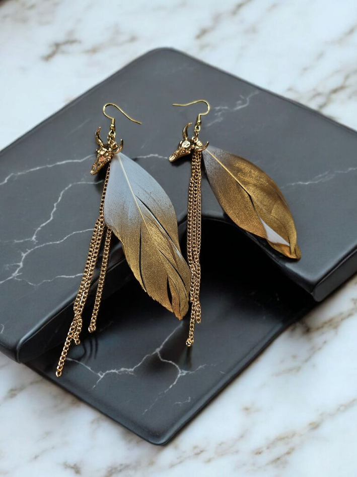 Golden Bull Skull Feather and Chain Long Dangle Earrings