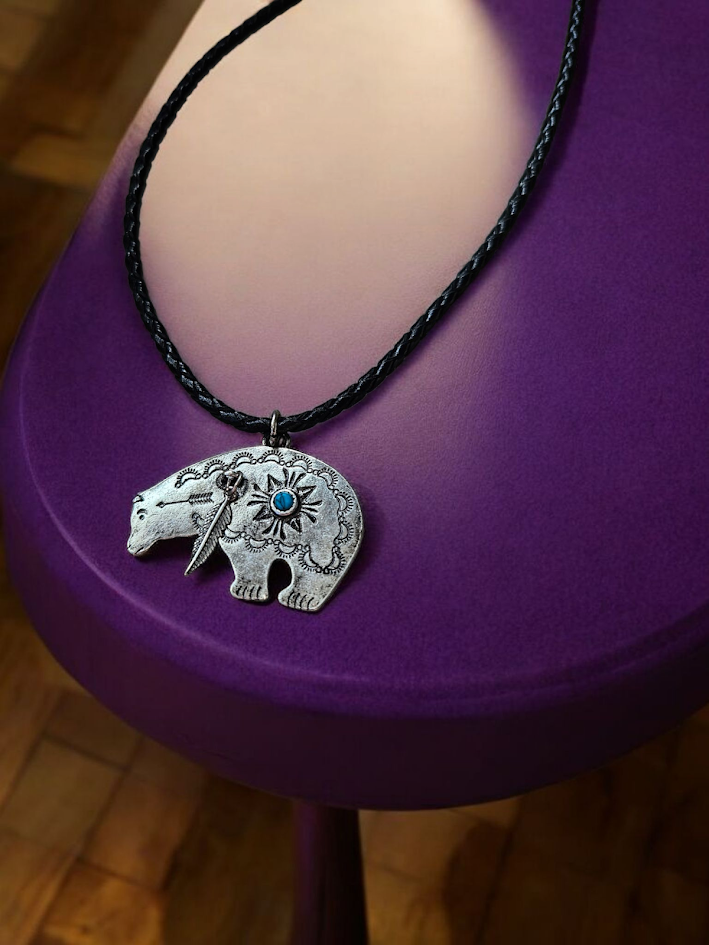 Silver Bear with Teal and Feather on Black Leather Necklace