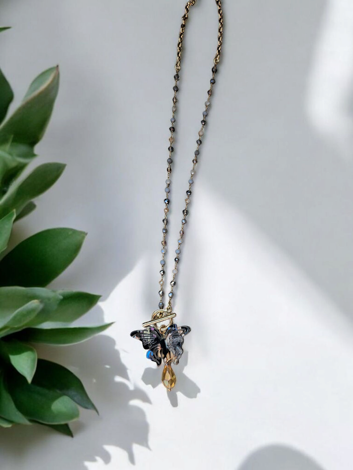 Multicolor Butterfly Teardrop on Beaded Necklace