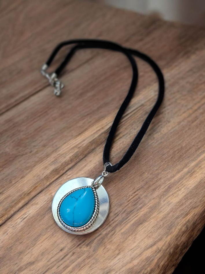 Teal and Silver Teardrop on Black Velvet Necklace
