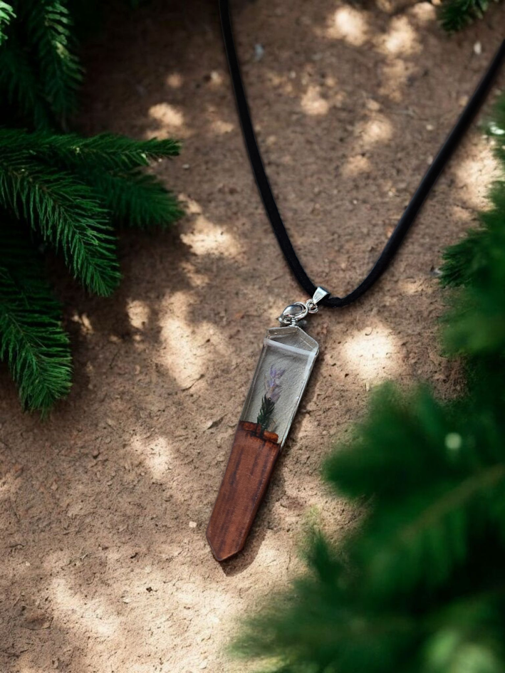 Pressed Floral Resin and Wood Black Velvet Necklace