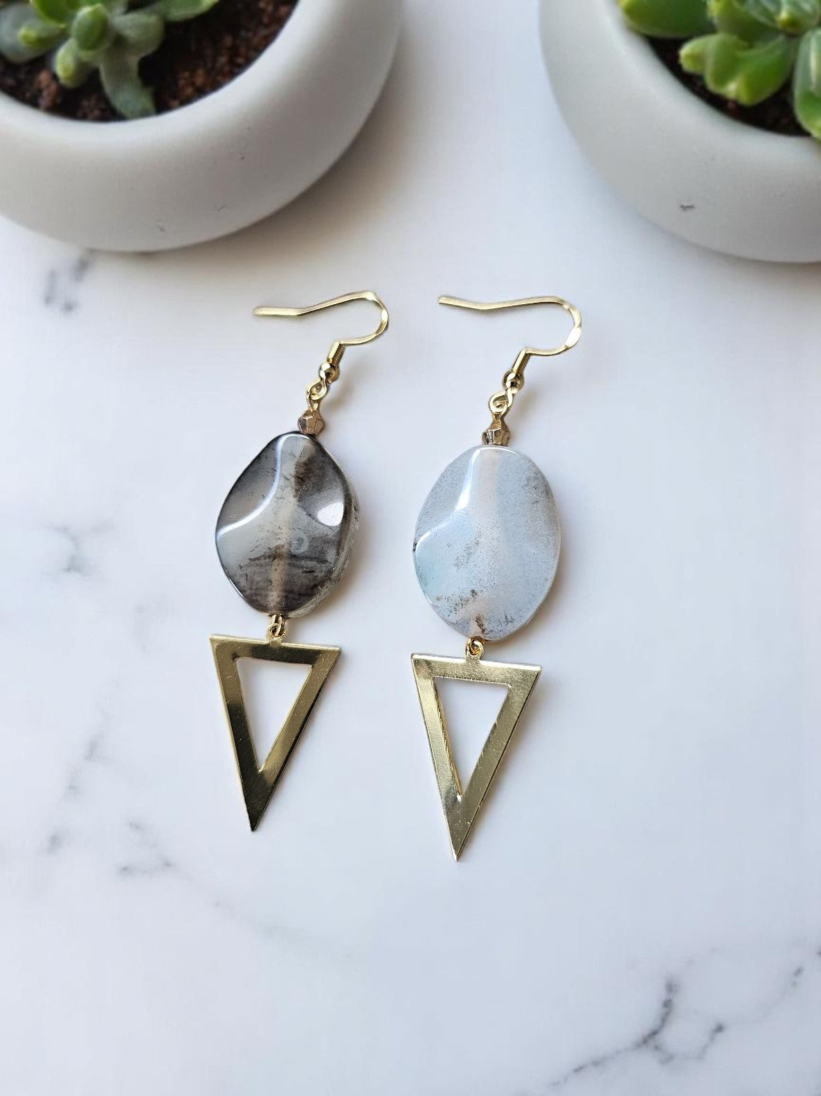 Genuine Montana Moss Agate with Golden Reverse Triangle Dangle Earrings