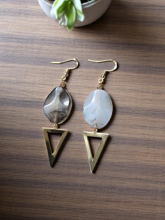 Genuine Montana Moss Agate with Golden Reverse Triangle Dangle Earrings