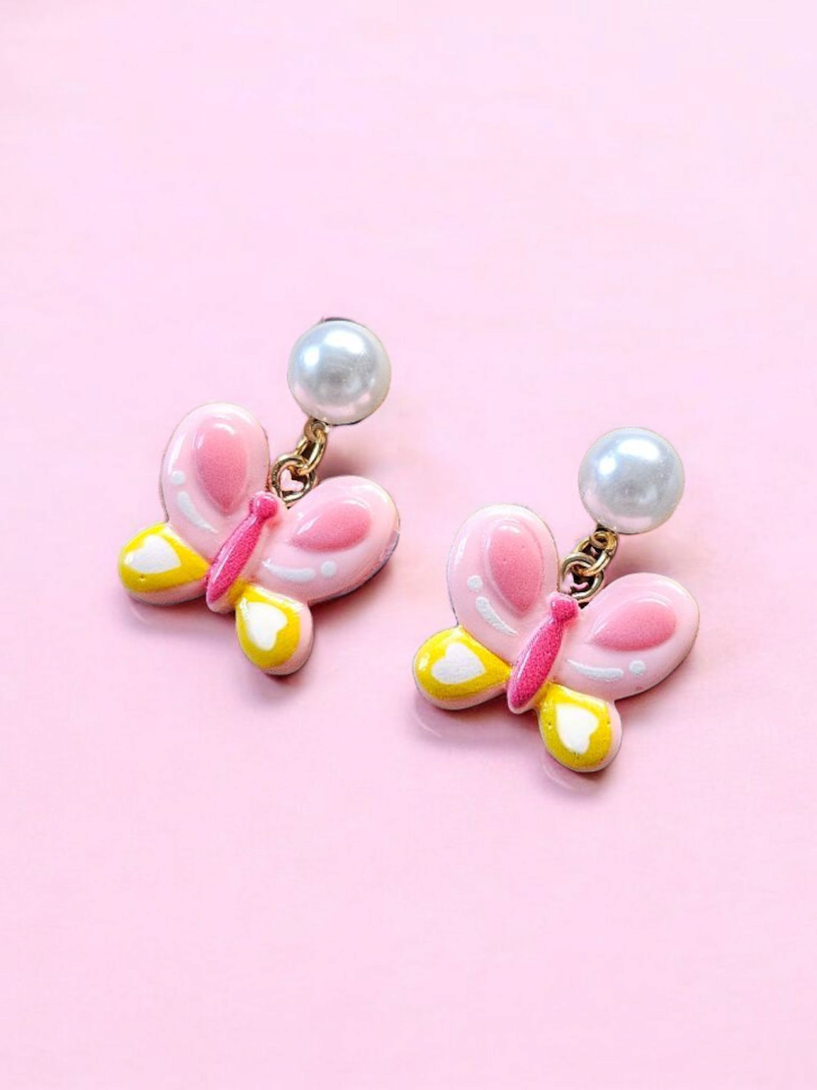 Pink Butterfly Dangle on Pearl Stud Earrings