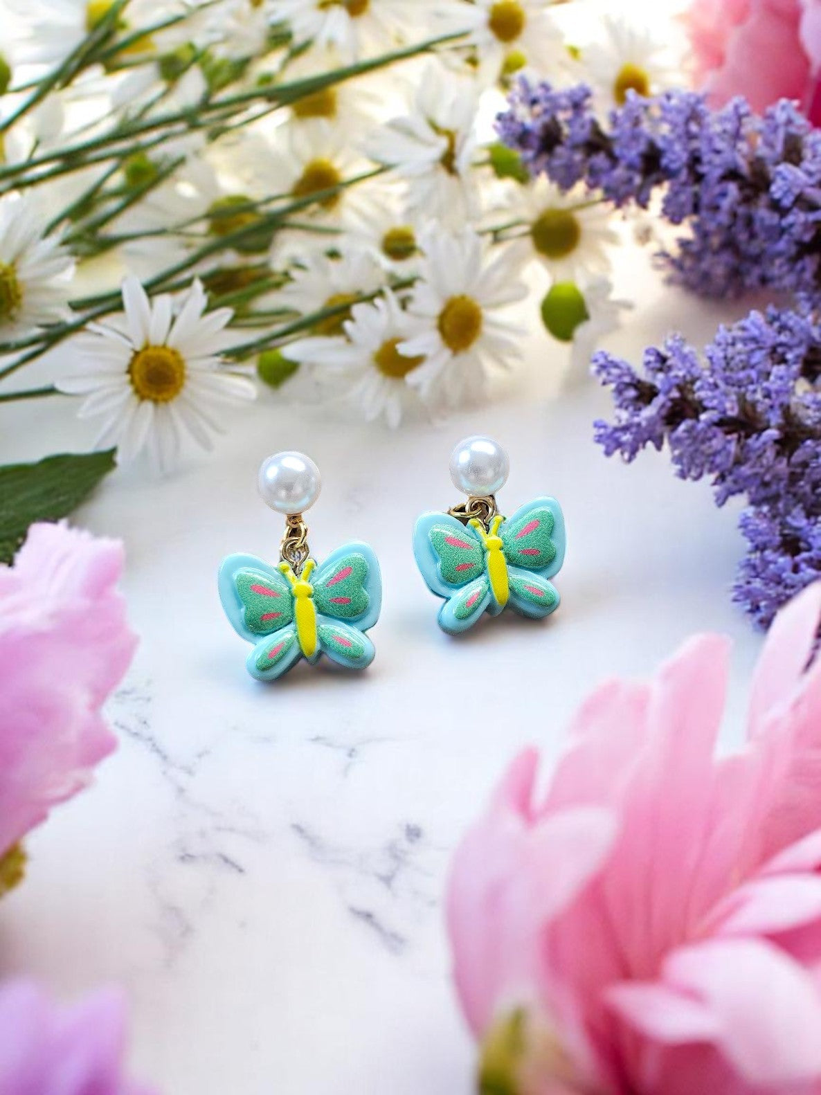 Blue Green Butterflies on Pearly Studs