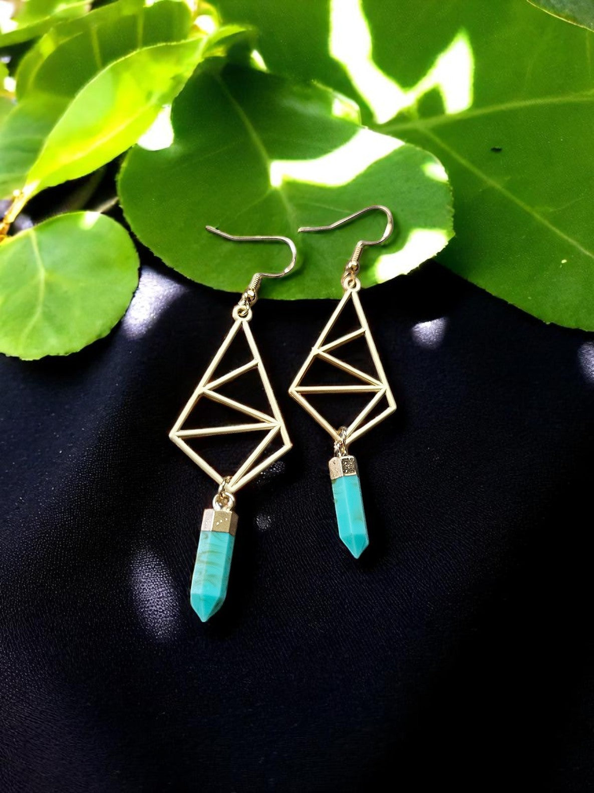 Geometric Gold & Marbled Teal Dangle Earrings