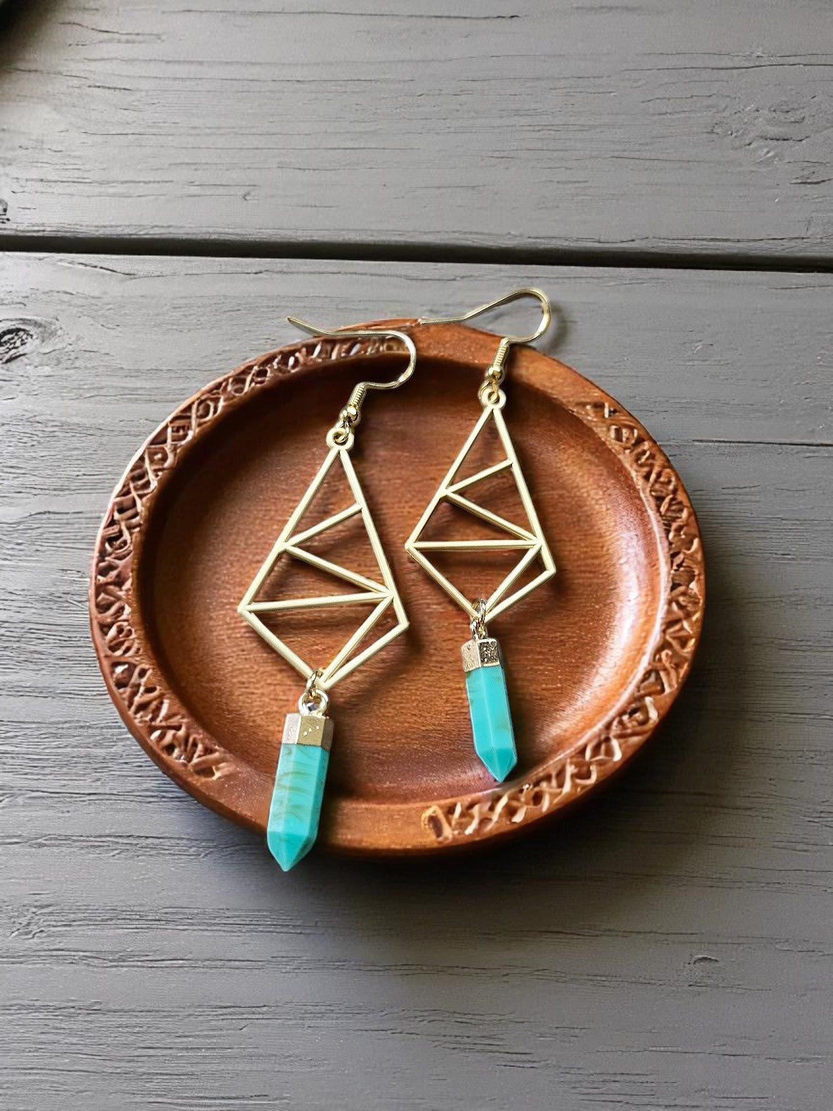 Geometric Gold & Marbled Teal Dangle Earrings