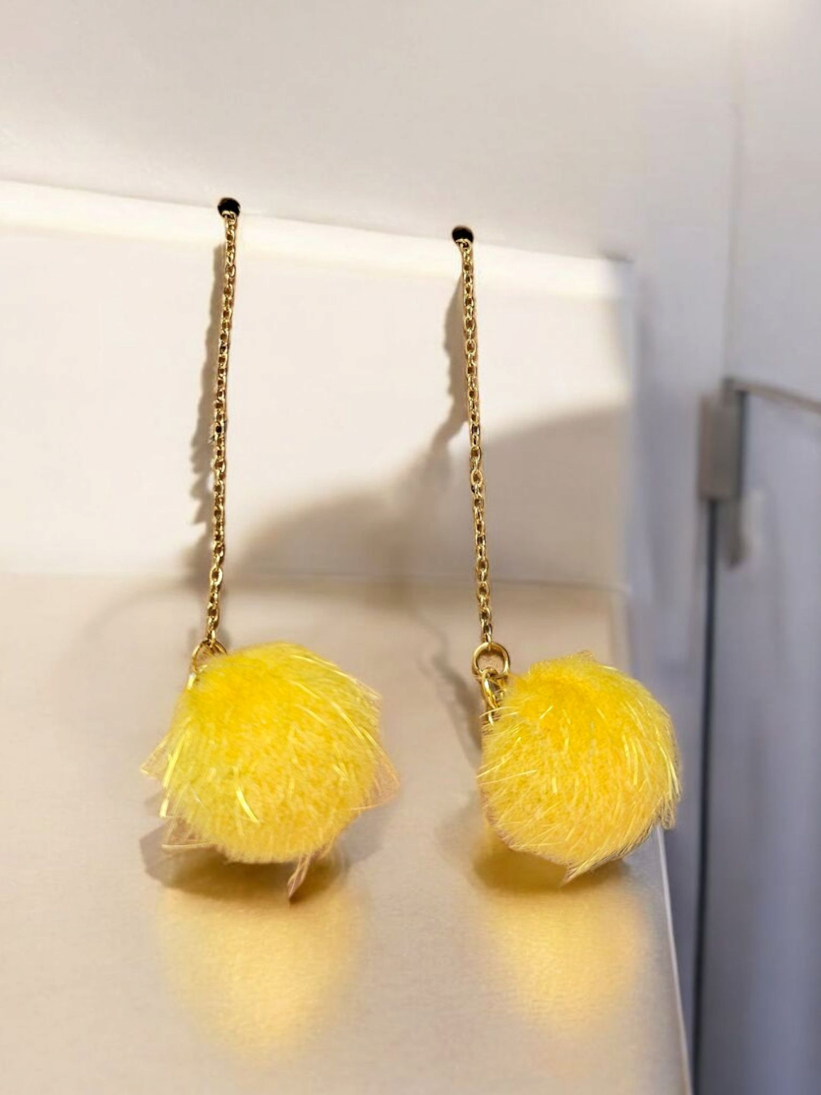 Yellow Puffball Threader Dangle Earrings