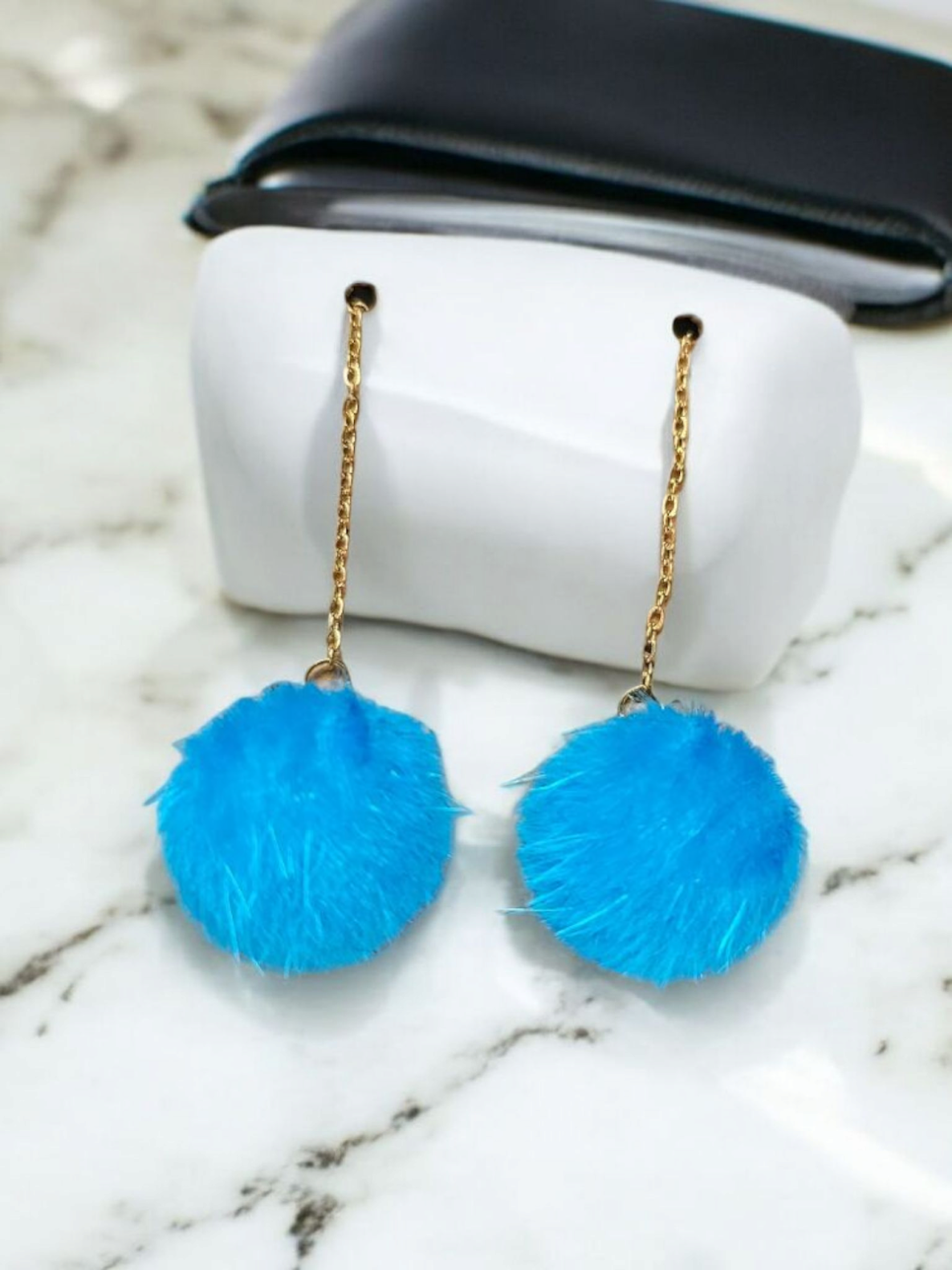 Blue Puffball Threader Dangle Earrings