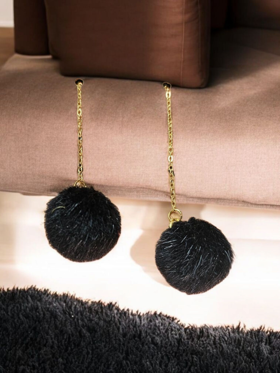 Black Puffball Threader Dangle Earrings