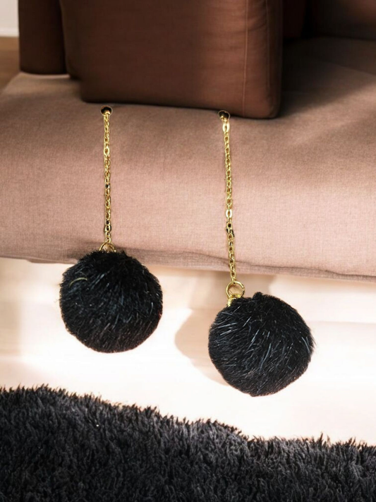 Black Puffball Threader Dangle Earrings