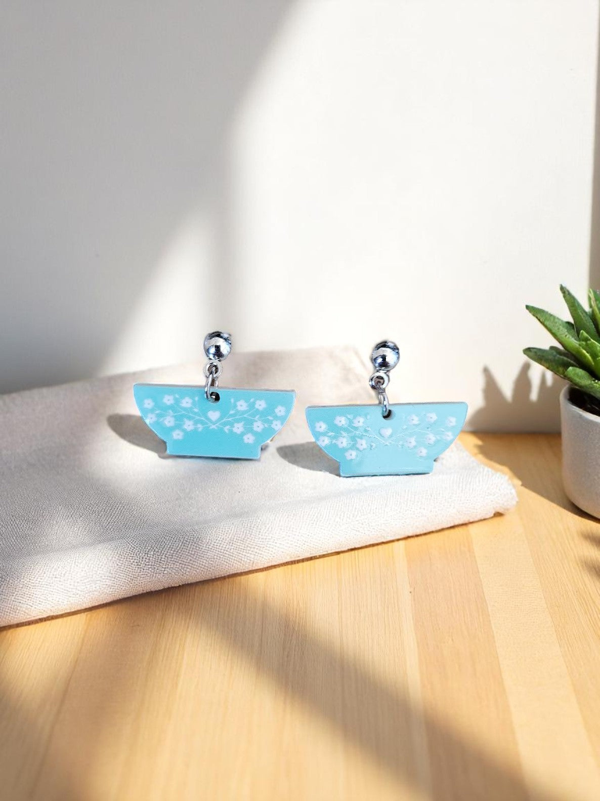 Large Blue Teacup Stud Dangle Earrings