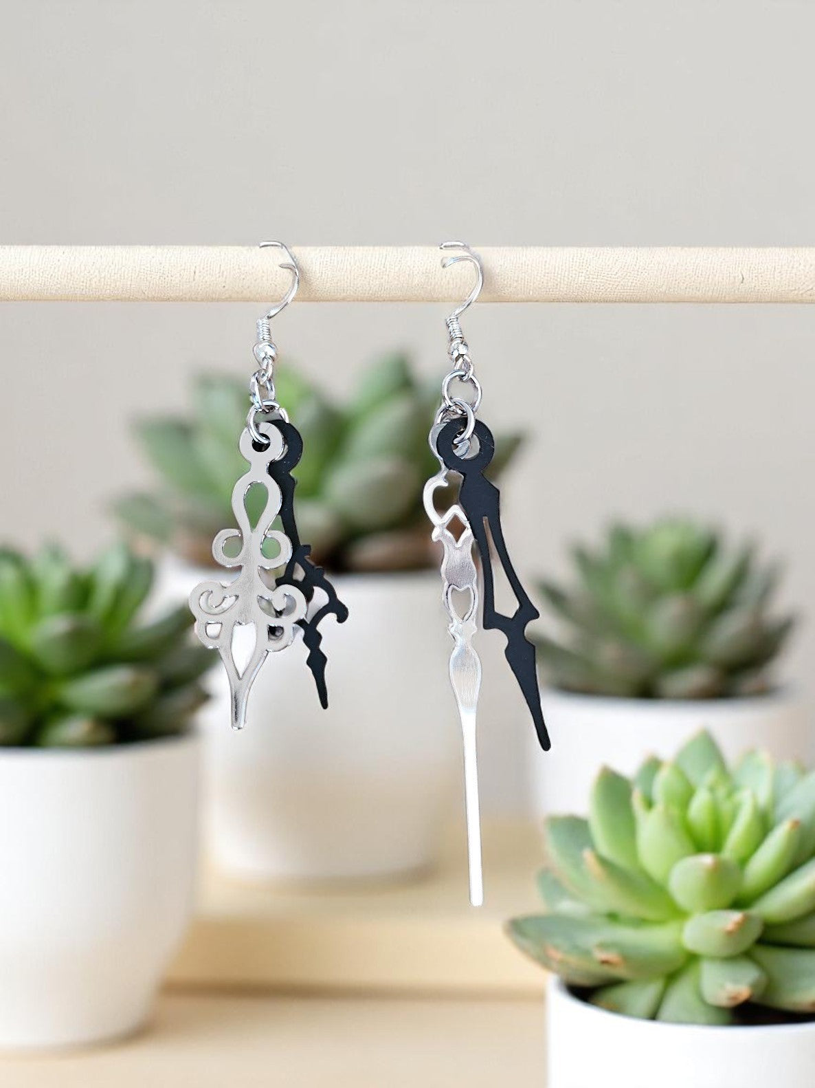 Silver and Black Clock Hands Dangle Earrings
