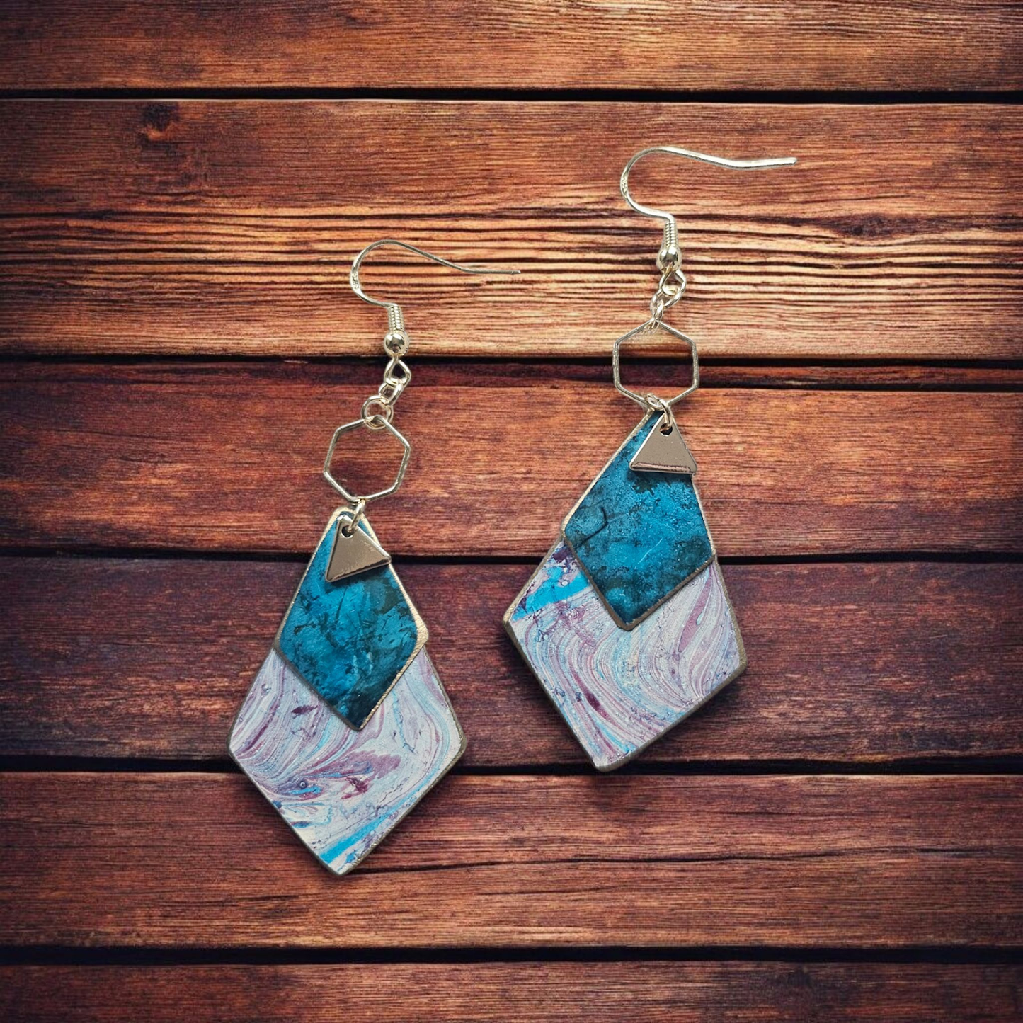 Upcycled Paint Drip Geometric Earrings on Golden Hexagons Dangle Earrings Blue