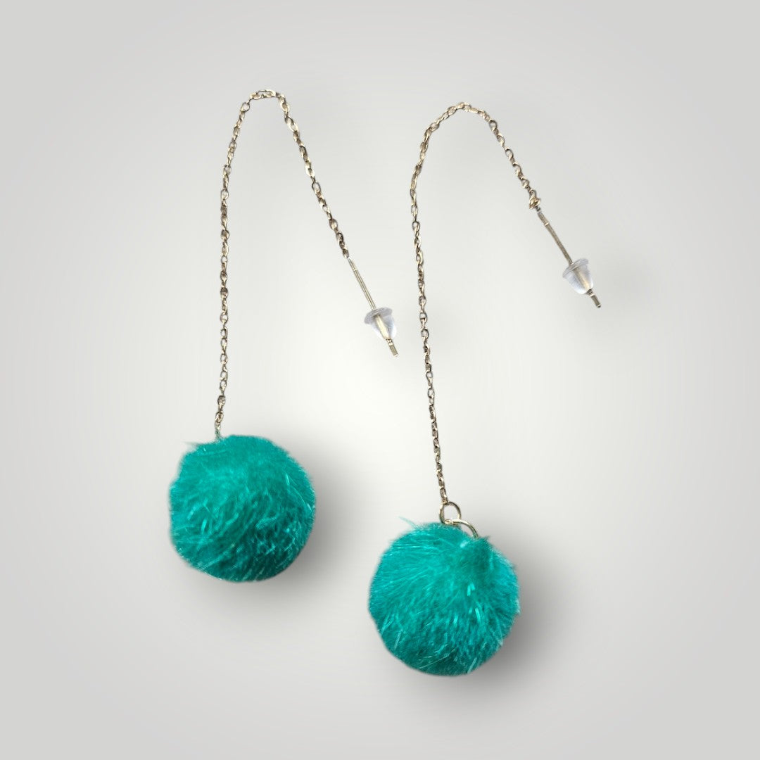 Green Holiday Puff Ball on Gold Threader Dangle Earrings