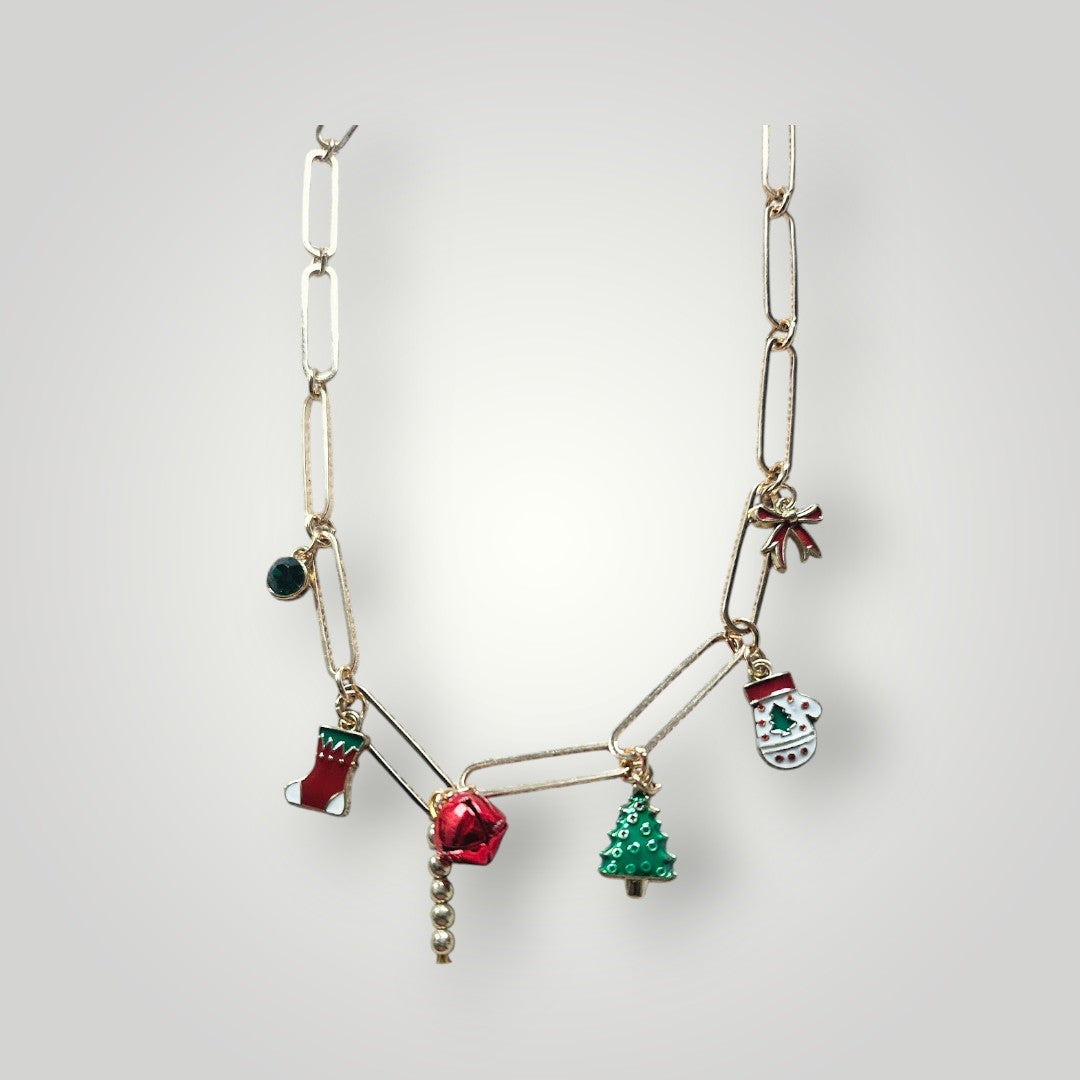 Gold Chain Christmas Charm Necklace with Dainty Festive Charms