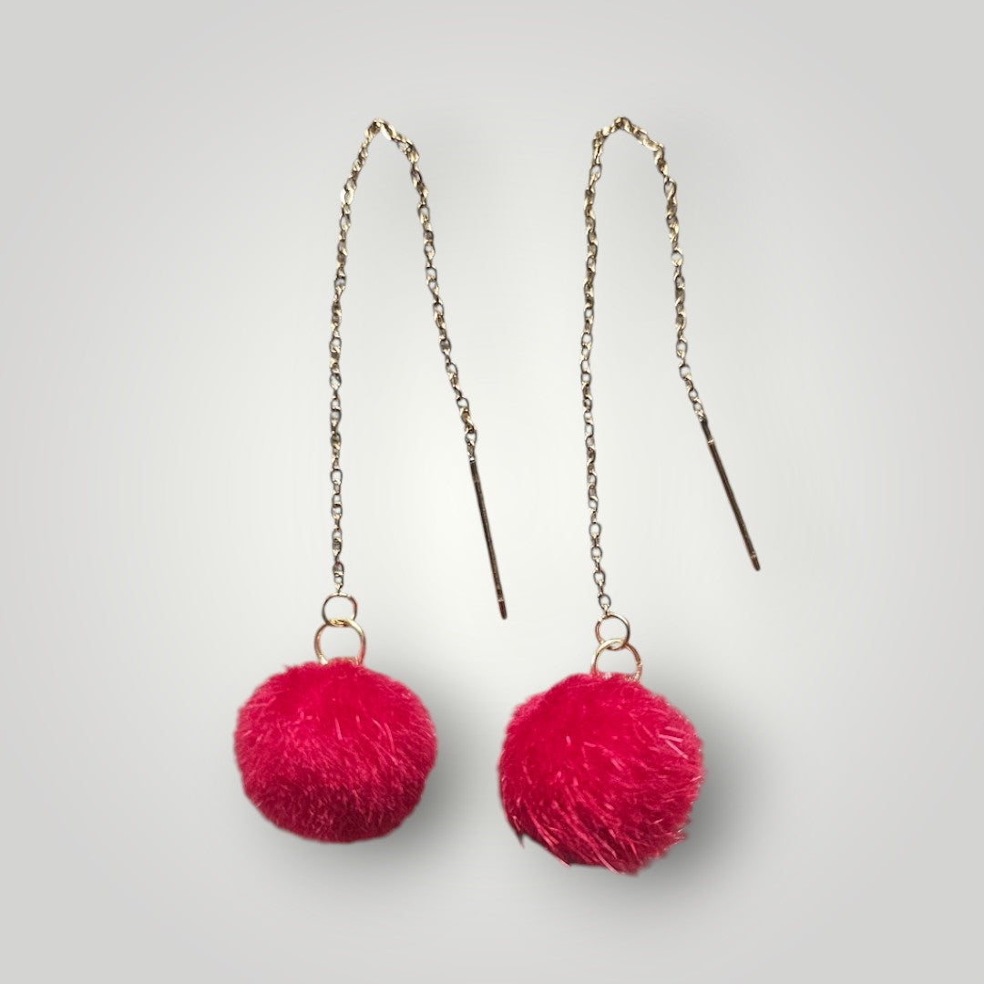 Red Holiday Puff Ball on Gold Threader Dangle Earrings
