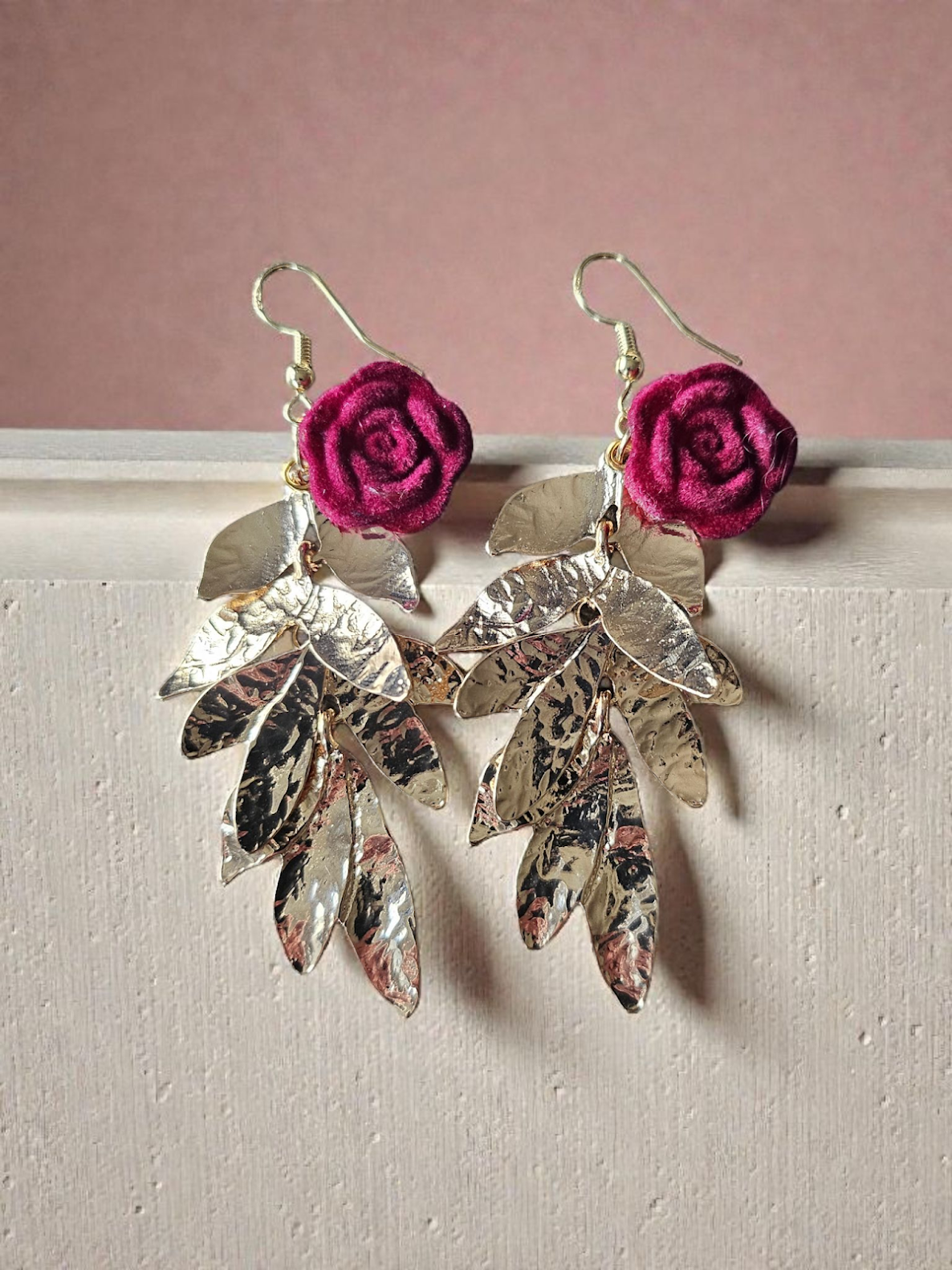 Golden Leaves with Burgundy Rose Accent Charm Large Dangle Earrings