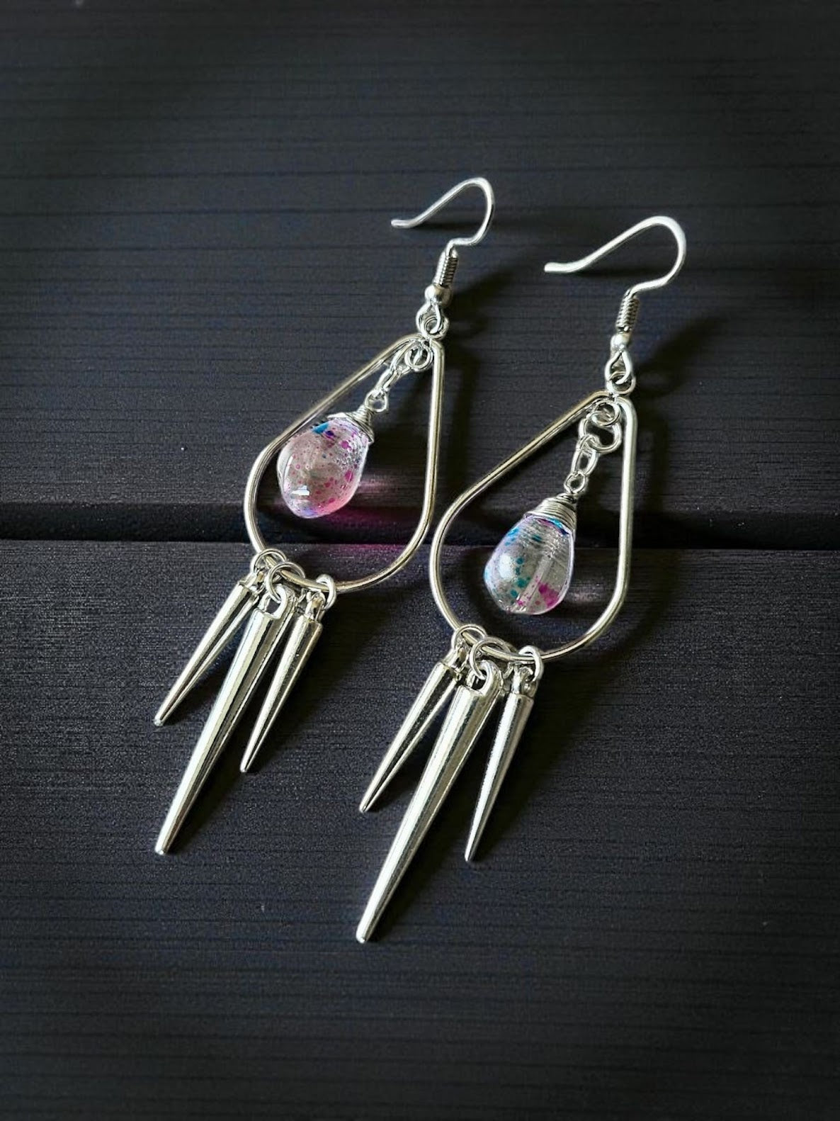 Silver Spikes on Silver Teardrops with Blue and Pink Glass Dangles Dangle Earrings