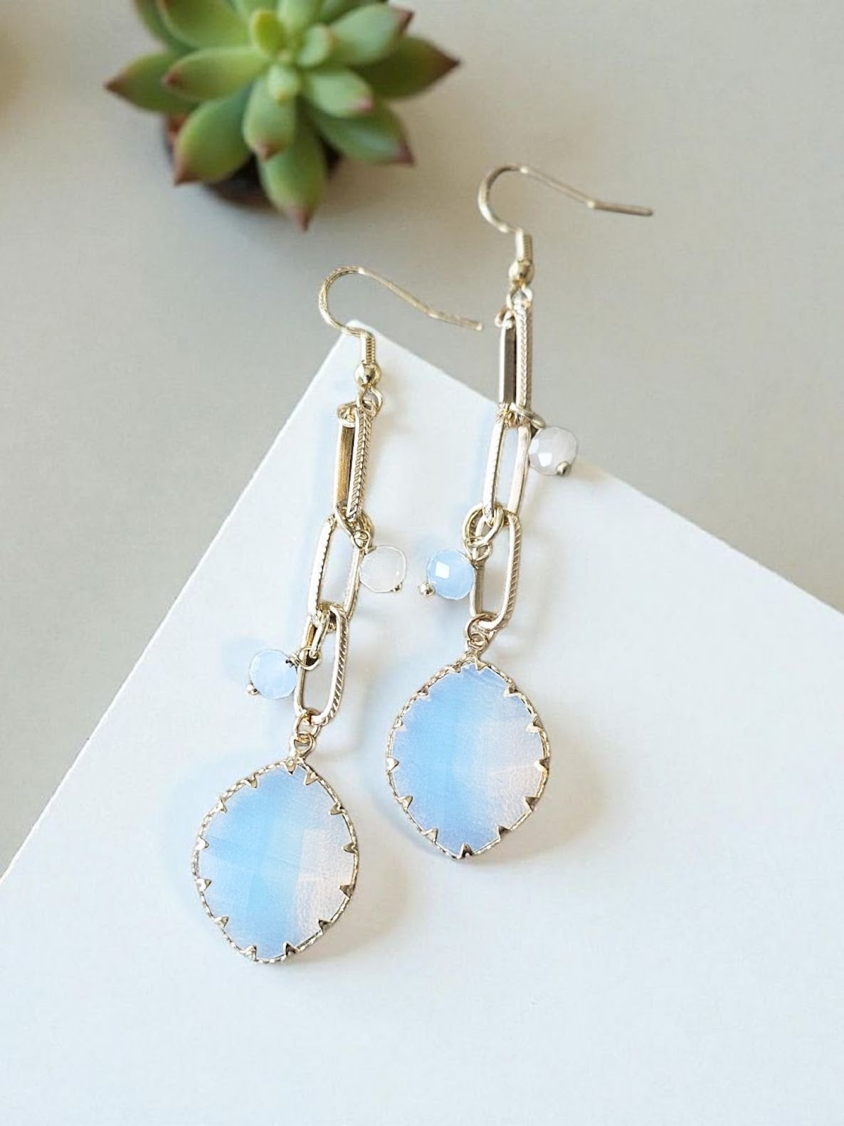 Upcycled Moonstone on Chunky Gold Chain with Beaded Accents Dangle Earrings