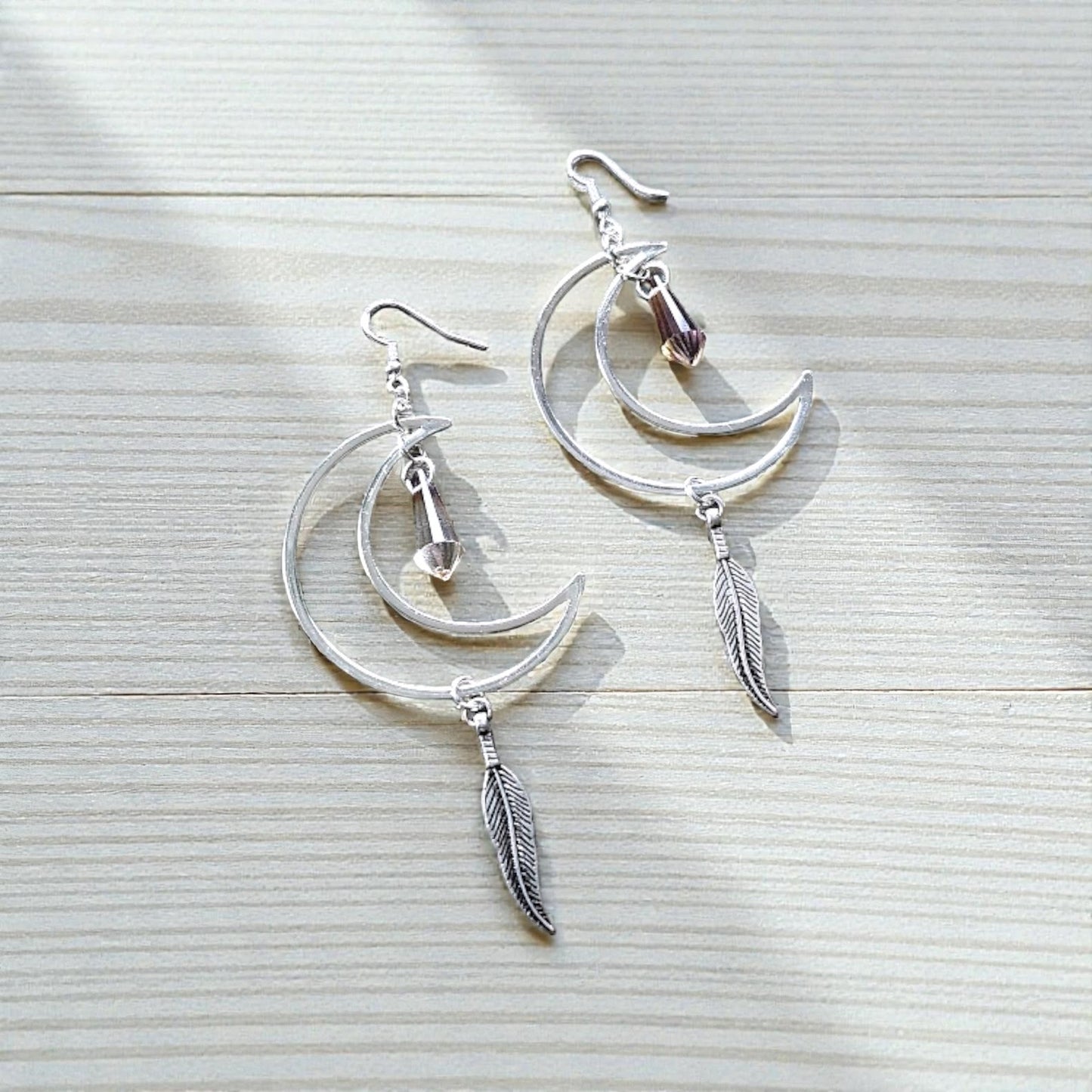 Large Silver Crescent Moons with Suncatcher Crystal Point Charms and Upcycled Feather Charms Large Dangle Earrings
