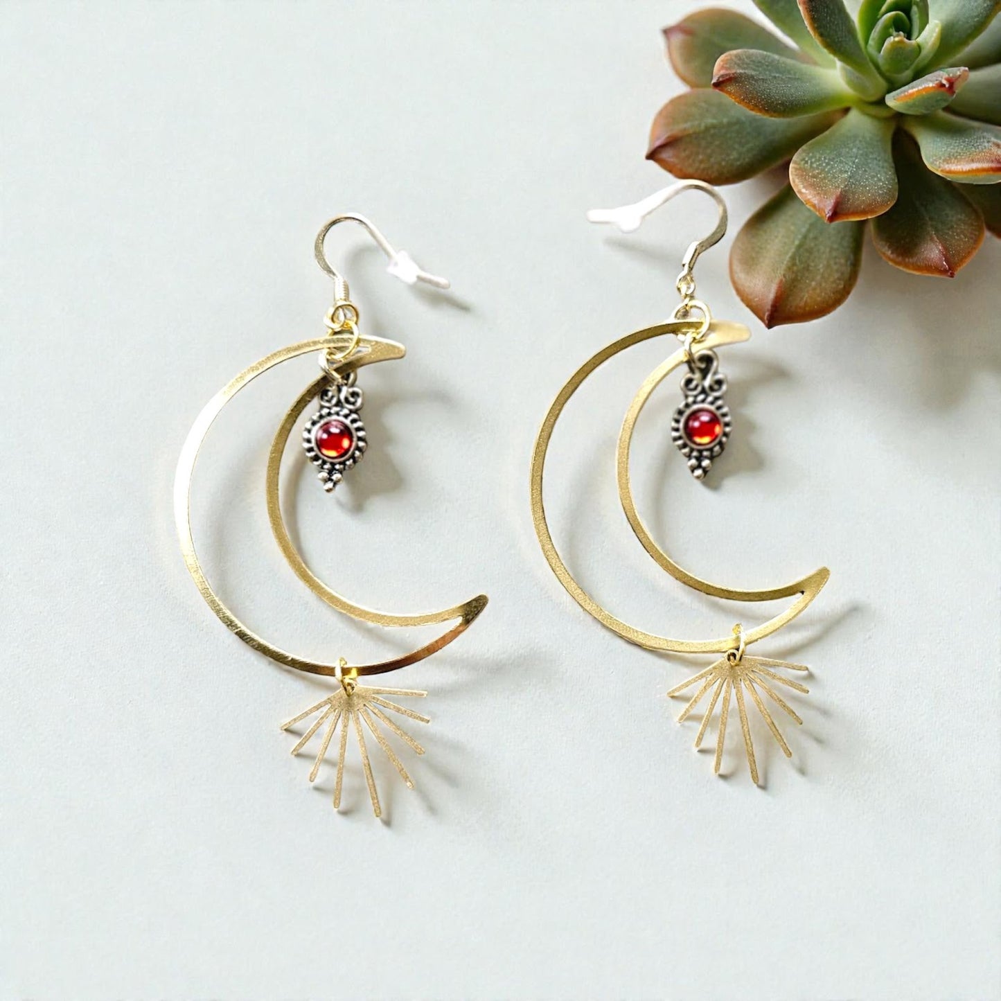 Brass Crescent Moons Earrings With Amber Teardrop And Golden Sun Rays Dangle Earrings For Celestial Style