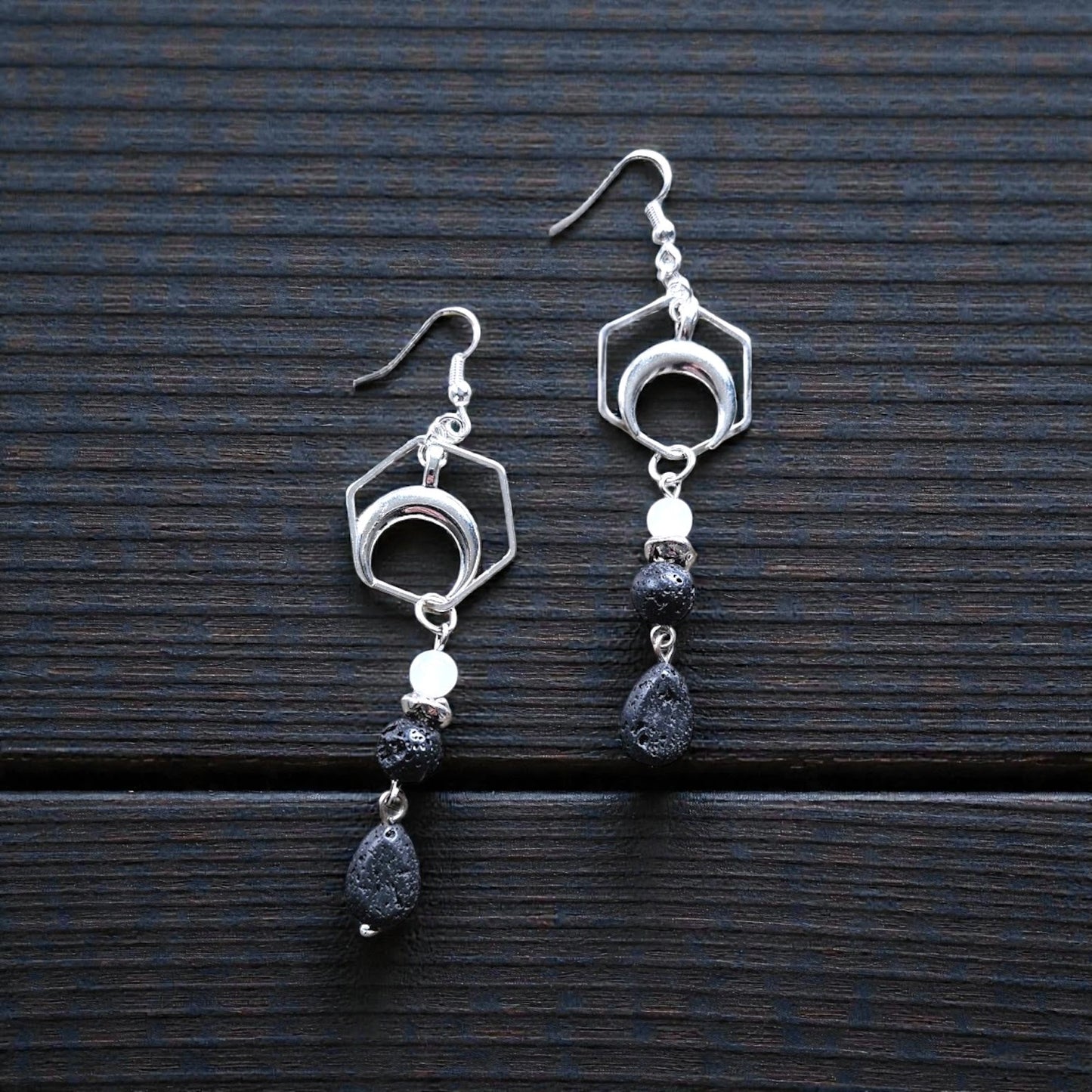 Black Lava Stone with Silver Crescent Moon and Opal Accent Bead on Silver Hexagon Dangle Earrings