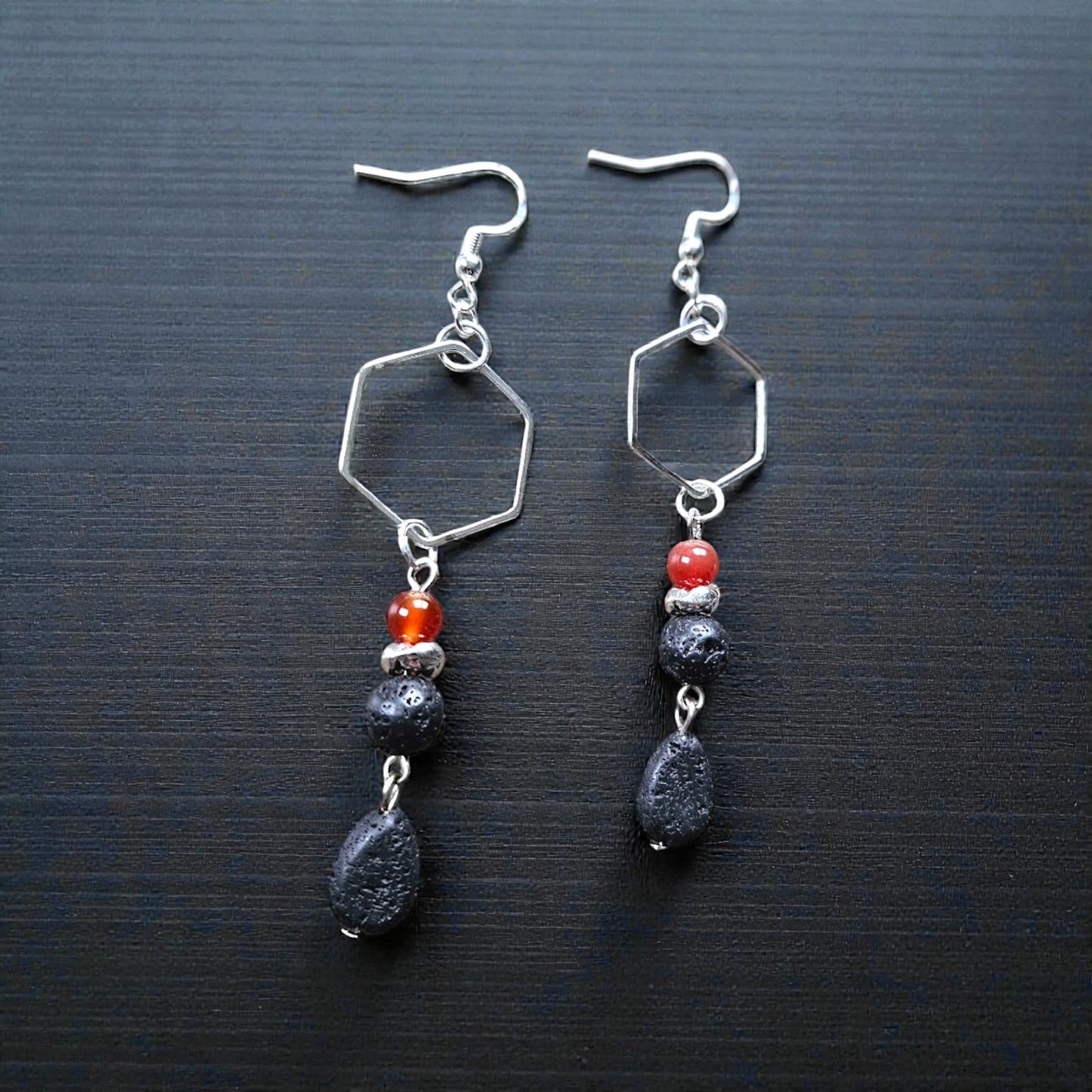 Black Lava Stone with Red Accent Bead on Silver Hexagon Dangle Earrings