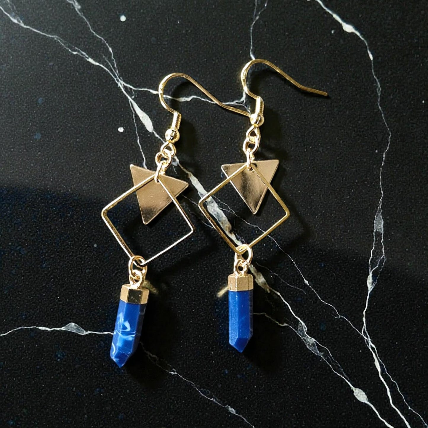 Golden Geometric Dangles with Lapis Lazuli Crystal Points Dangle Earrings