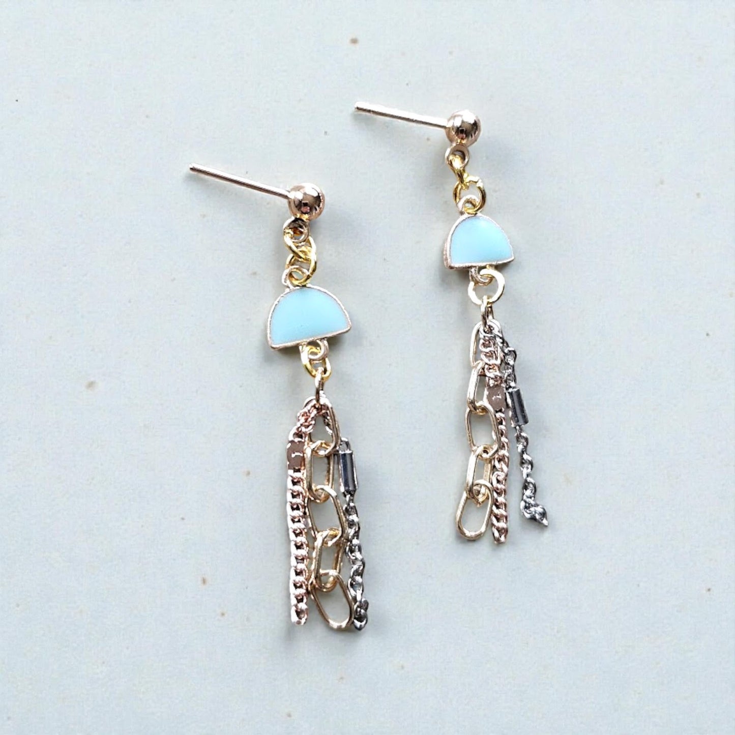Upcycled Teal Stud Earrings with Chain Dangles Dangle Earrings