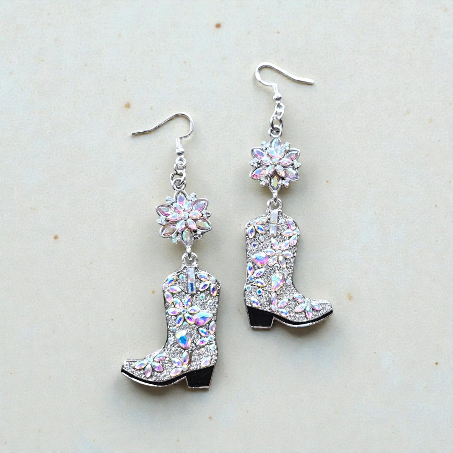 Super Blingy Rhinestone Flower and Cowboy Boot Long Dangle Earrings