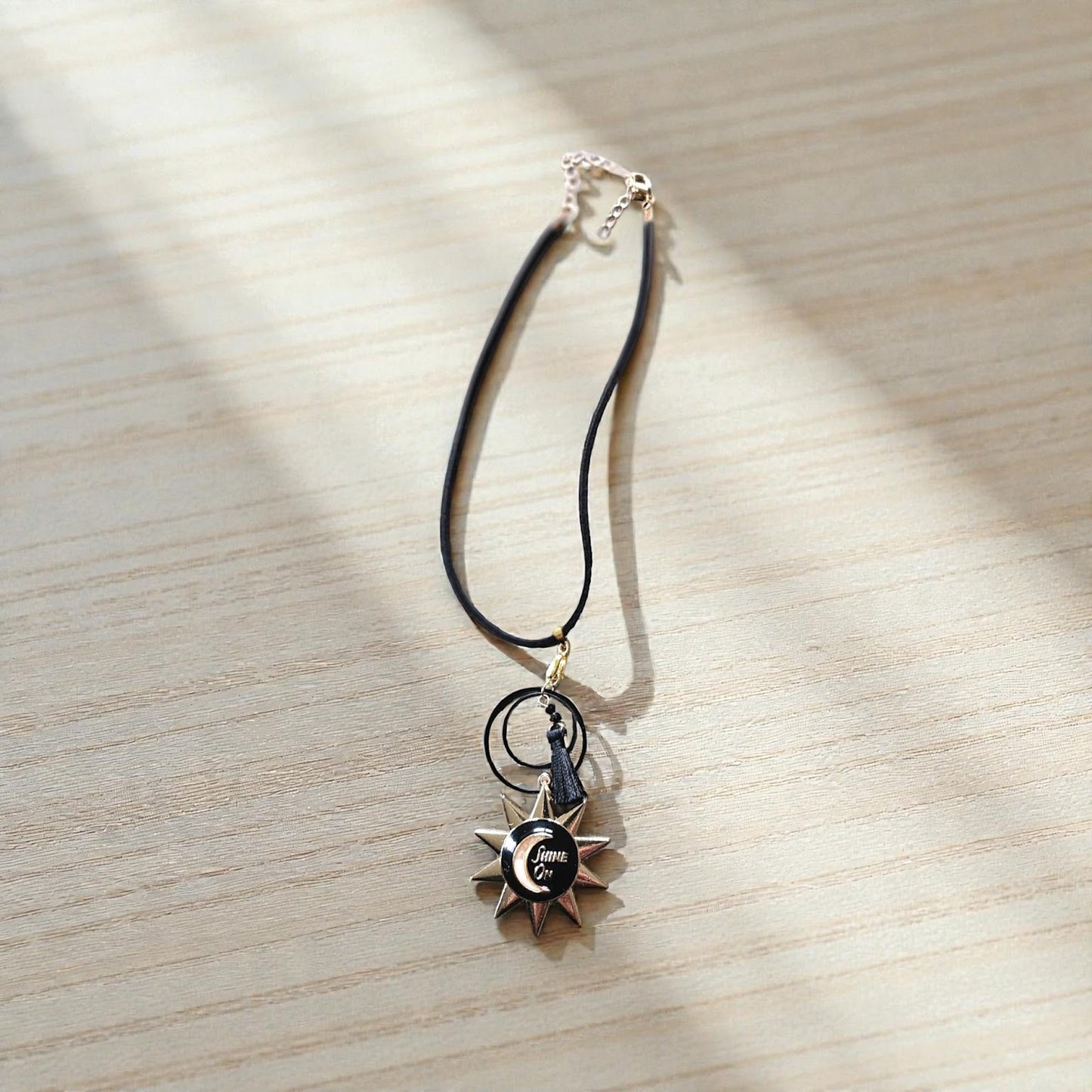 Upcycled Black and Gold Shine On Sun Pendant Necklace on Black Leather Choker