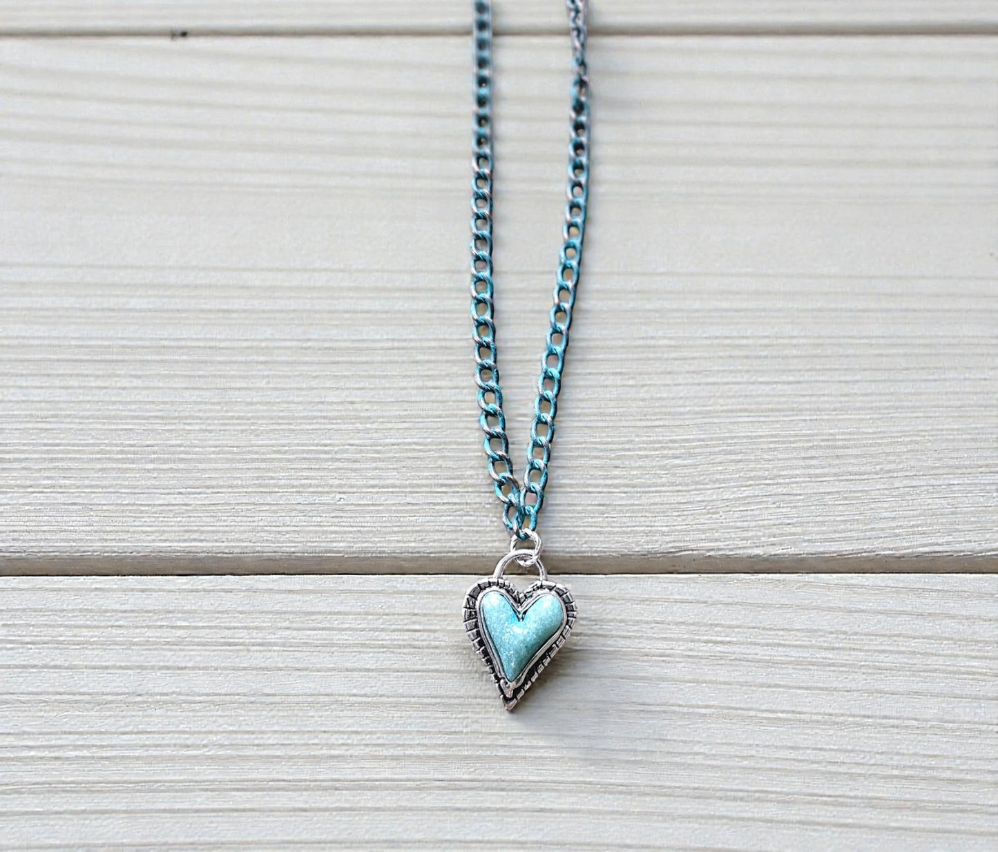 Teal and Silver Heart Pendant on Teal Copper Chain Necklace
