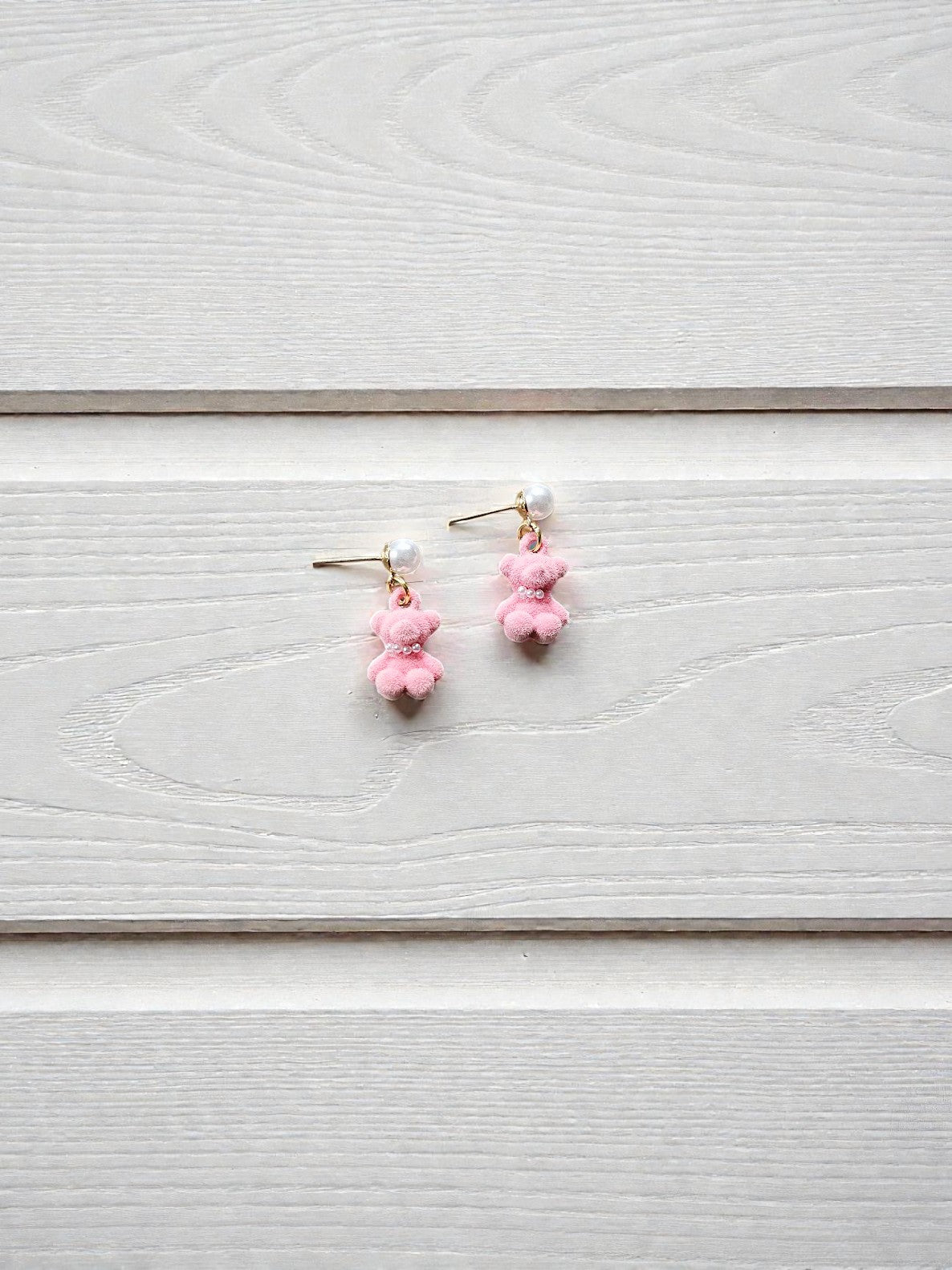 Pink Fuzzy Teddy Bears with Pearl Necklaces on Pearl and Gold Stud Earrings