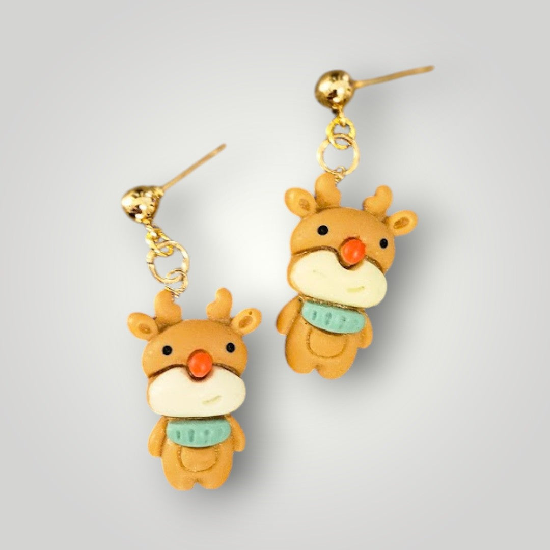 Cute Reindeer in Scarfs Resin Stud Dangle Earrings
