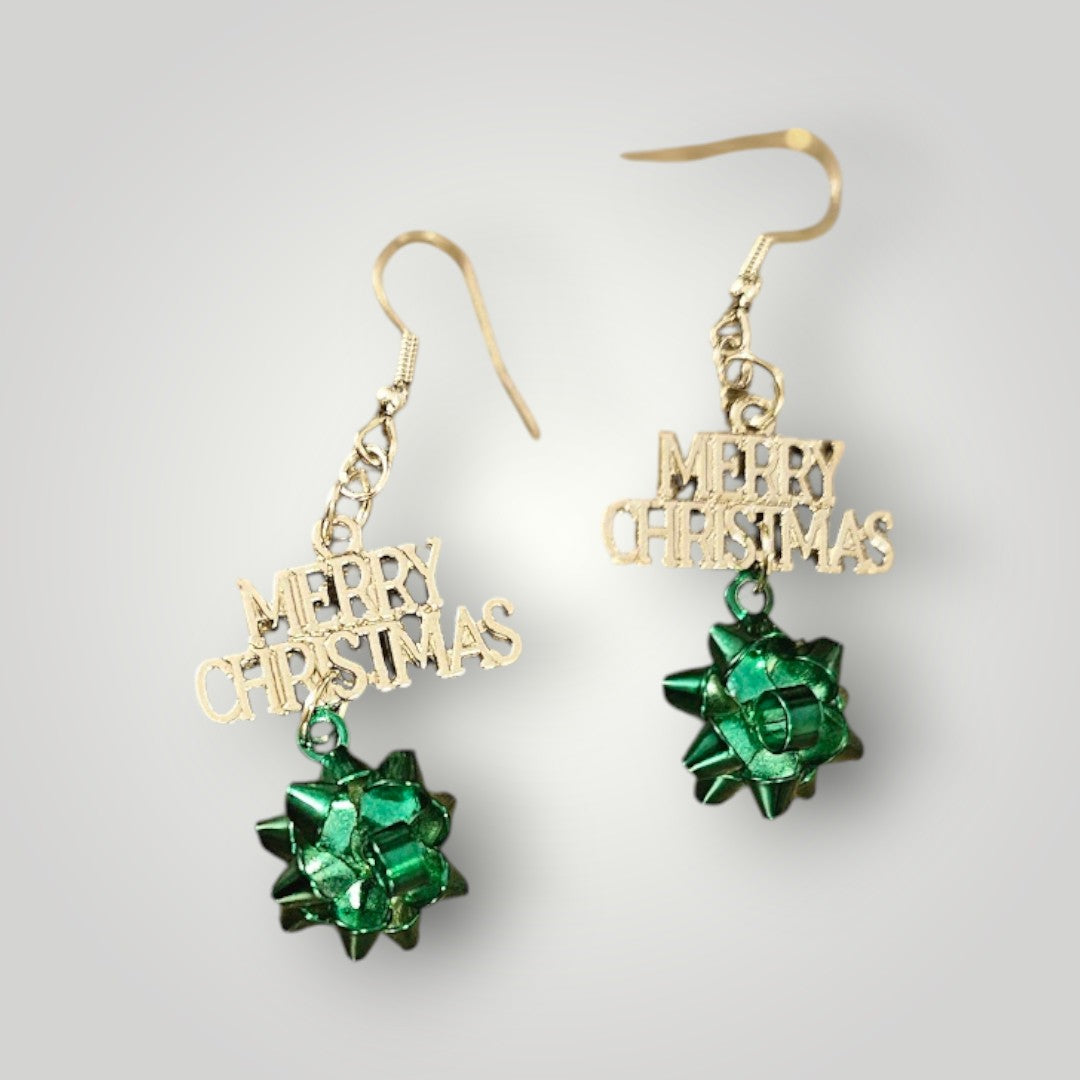 Silver Merry Christmas Dangle Earrings with Green Metal Bow Dangle