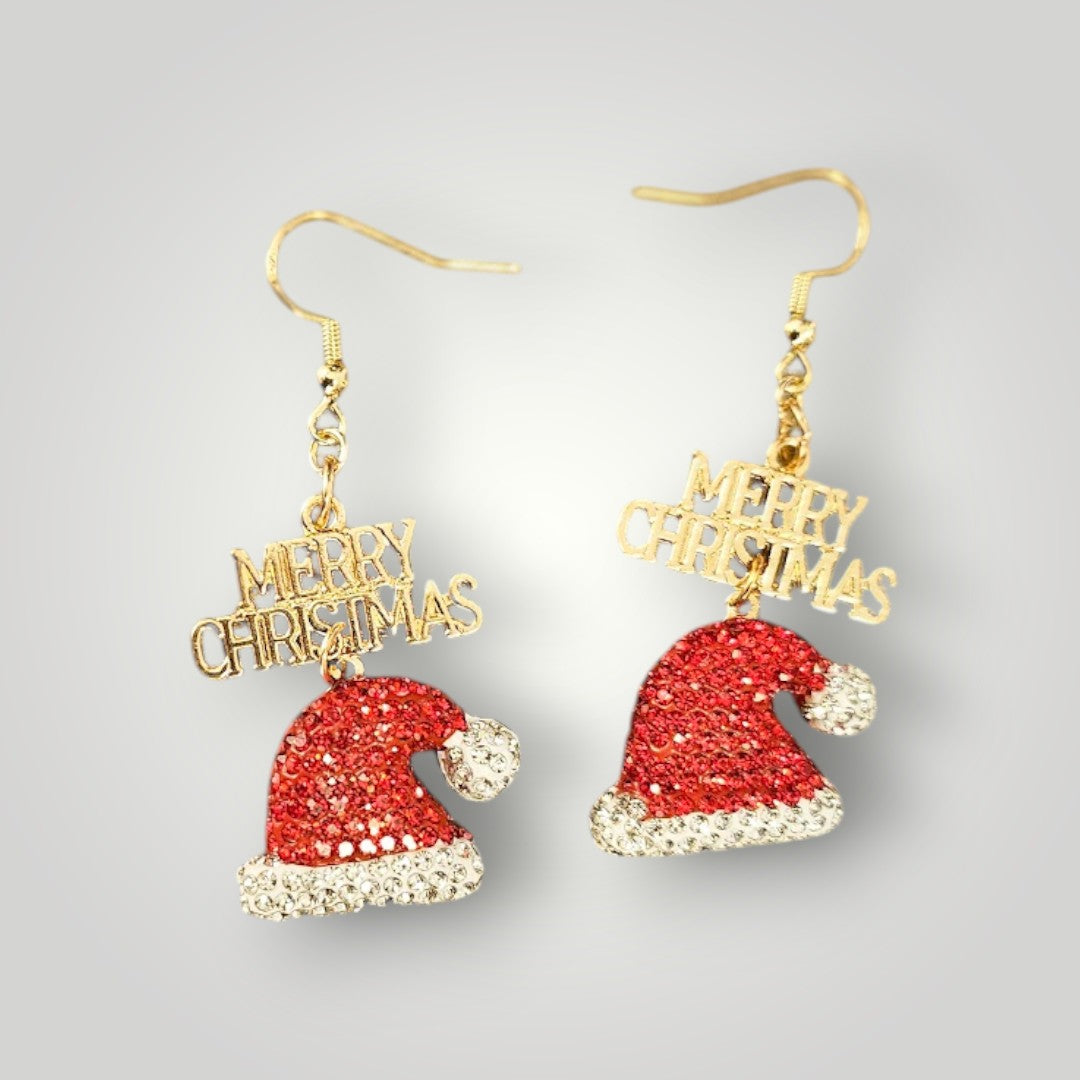 Blinged Out Santa Hat on Gold Merry Christmas Charm Dangle Earrings