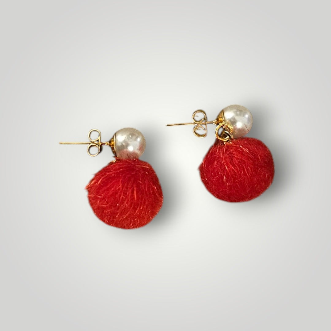 Red Puff Balls on Pearl and Gold Stud Earrings