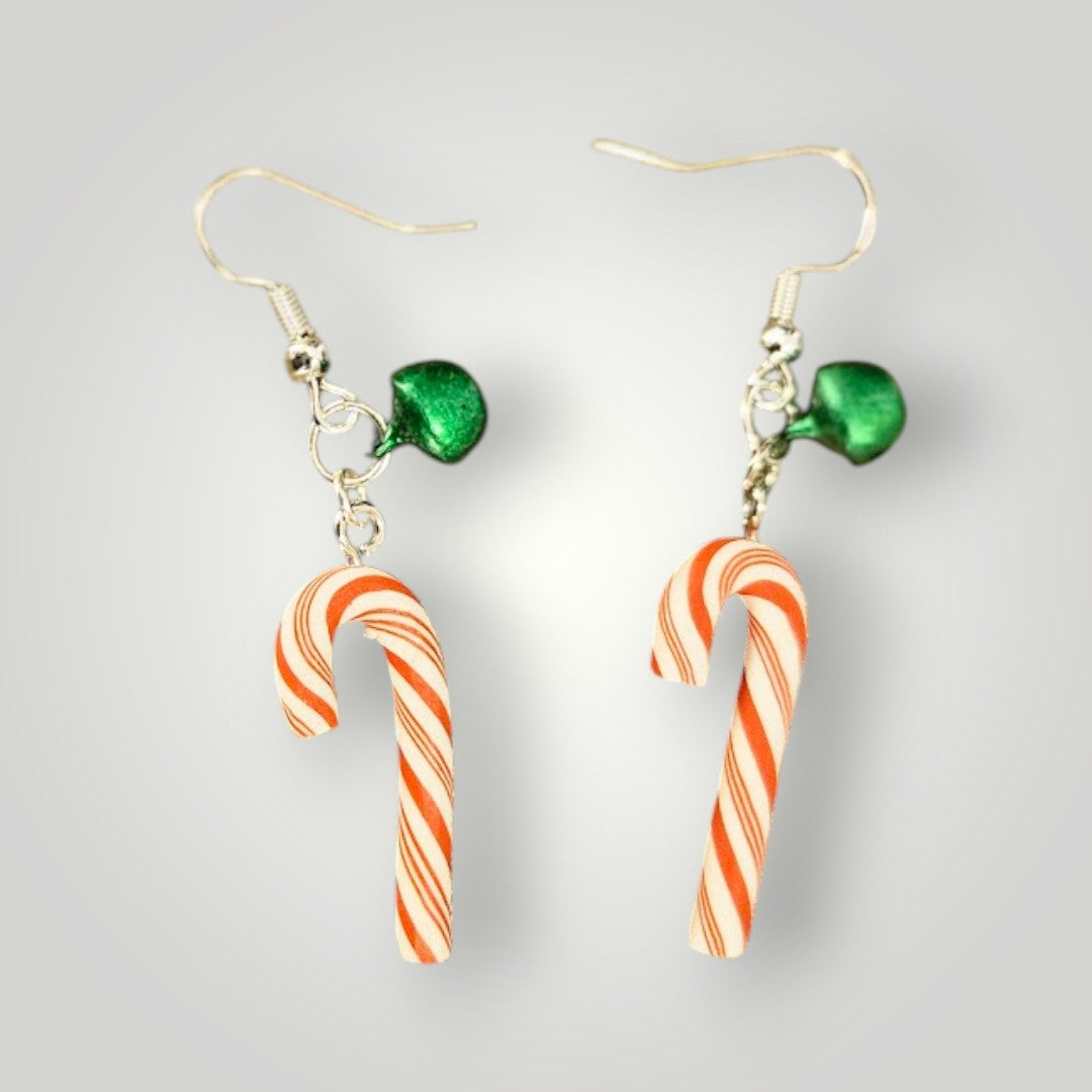 Red and White Striped Candy Canes with Green Jingle Bell Accent Dangle Earrings