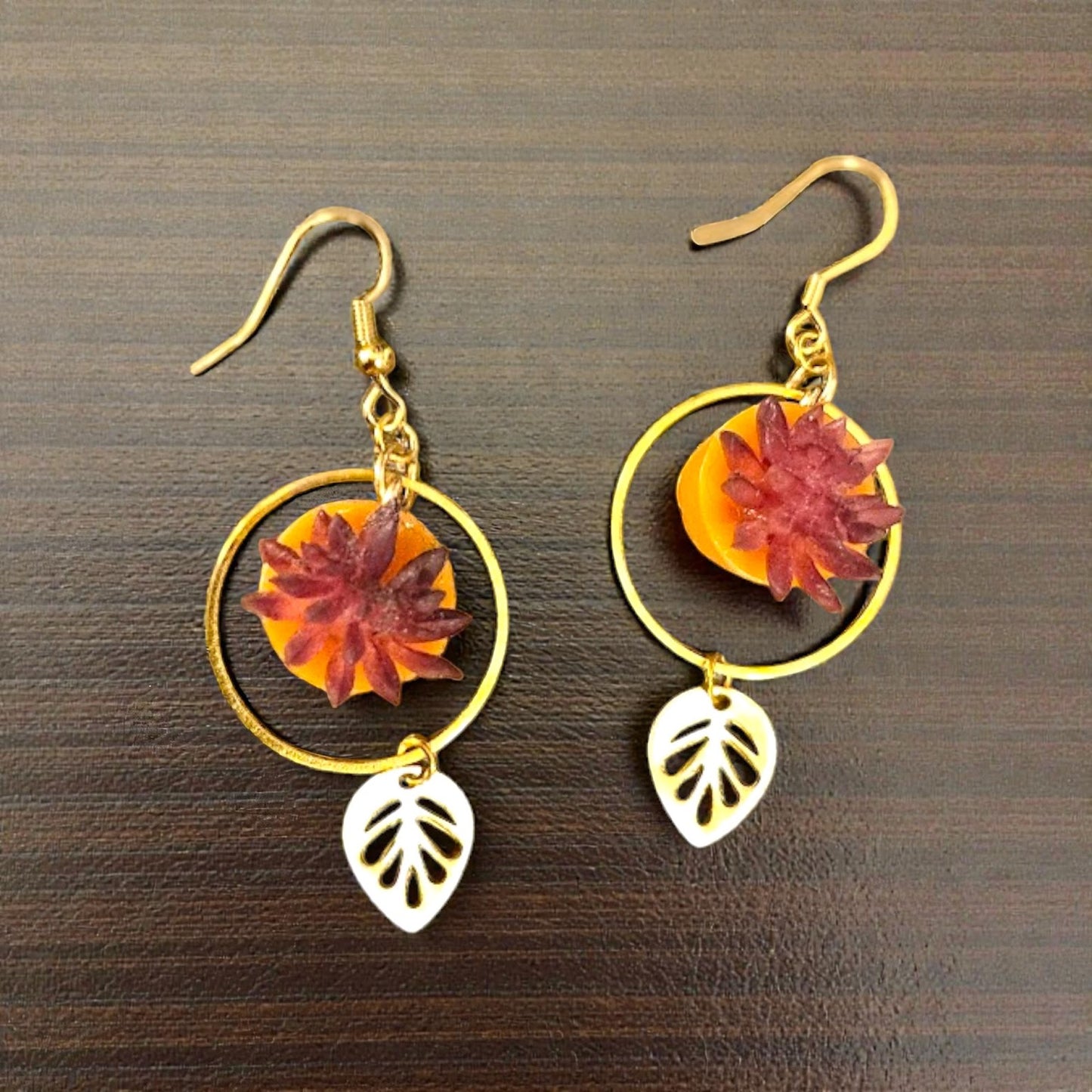 Burgundy Succulent Pots on Gold Rings Dangle Earrings
