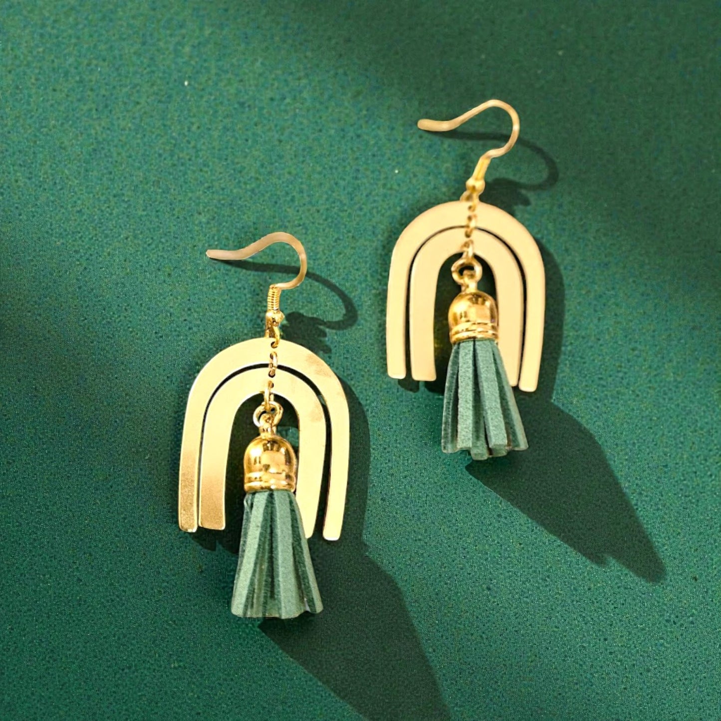 Green Tassel on Gold Abstract Rainbows Upcycled Dangle Earrings