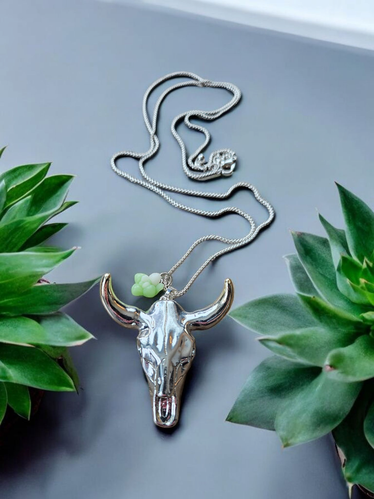 Silver Bull Skull with Succulent Charm 30" Silver Necklace