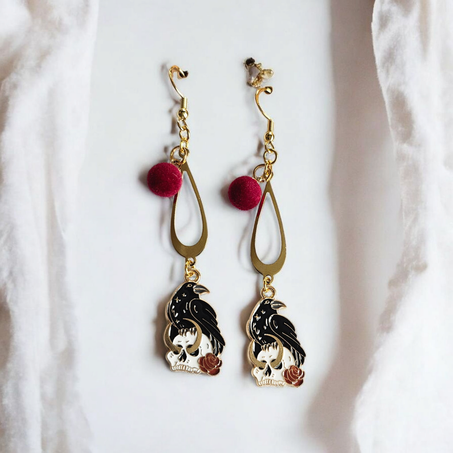 Burgundy, Gold and Black Raven Rose Dangle Earrings